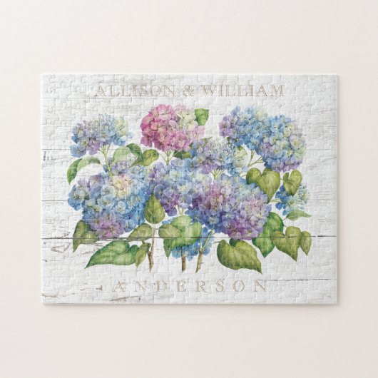 Rustic Wood Blue Hydrangea Monogrammen Legpuzzel (Horizontaal)