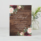Rustic Wood Blush Burgundy Floral Elegant Wedding Kaart (Staand voorkant)
