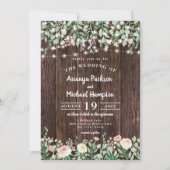 Rustic Wood Blush Floral Lights Wedding Kaart (Voorkant)