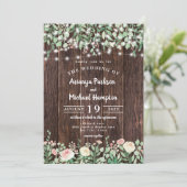 Rustic Wood Blush Floral Lights Wedding Kaart (Staand voorkant)