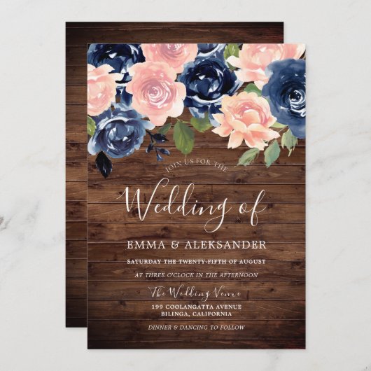 Rustic Wood Blush & Navy Floral Wedding Kaart (Voorkant / Achterkant)