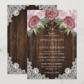 Rustic Wood Blush Pink Floral Wedding Invitations Kaart (Voorkant / Achterkant)