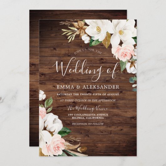 Rustic Wood Blush & White Flowers Wedding Kaart (Voorkant / Achterkant)