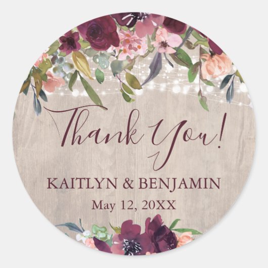 Rustic Wood Boho Floral Lights Wedding Ronde Sticker (Voorkant)