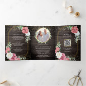 Rustic Wood Boho Pink Roses Floral QR Code Weddens Drieluik Uitnodiging (Binnen)