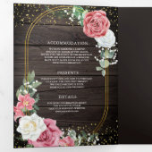 Rustic Wood Boho Pink Roses Floral QR Code Weddens Drieluik Uitnodiging (Binnenzijde eerst)