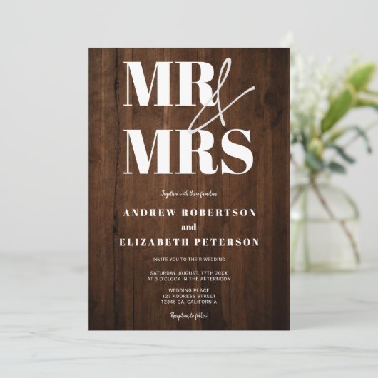 Rustic wood bold Mr Mrs script foto bruiloft Kaart (Staand voorkant)