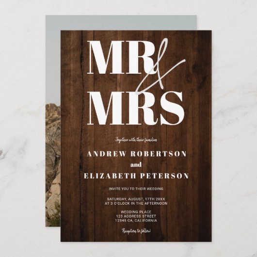 Rustic wood bold Mr Mrs script foto bruiloft Kaart (Voorkant / Achterkant)