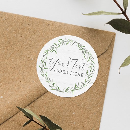 Rustic Wood & Botanical Leaf Branches Green Wreate Ronde Sticker