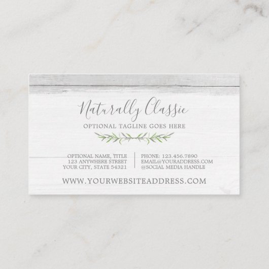 Rustic Wood & Botanical Leaf Branches Green Wreate Visitekaartje (Achterkant)