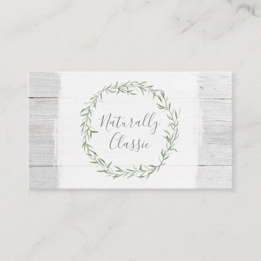 Rustic Wood & Botanical Leaf Branches Green Wreate Visitekaartje (Voorkant)