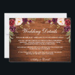 Rustic Wood Bourgogne Floral Mariage Détails Carte<br><div class="desc">Rustic Wood Watercolor Bourgogne Floral Mariage Détails Carte</div>