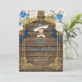 Rustic Wood Boy Baptism Christening Invitation Kaart (Staand voorkant)