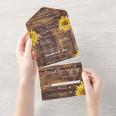 Rustic Wood Bright Sunflower Monogram Weddenschap All In One Uitnodiging (Afscheurbaar)