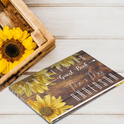 Rustic Wood Bright Yellow Sunflower Wedding Gastenboek
