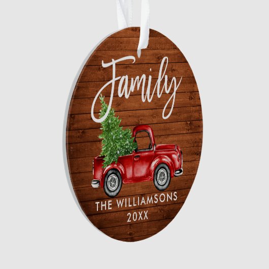 Rustic Wood Brush Script Family  Red Truck Ornament (voorkant)