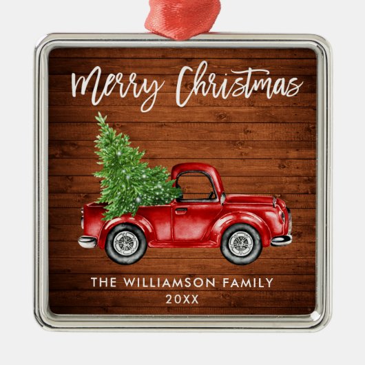 Rustic Wood Brush Script  Red Truck Metalen Ornament (Voorkant)