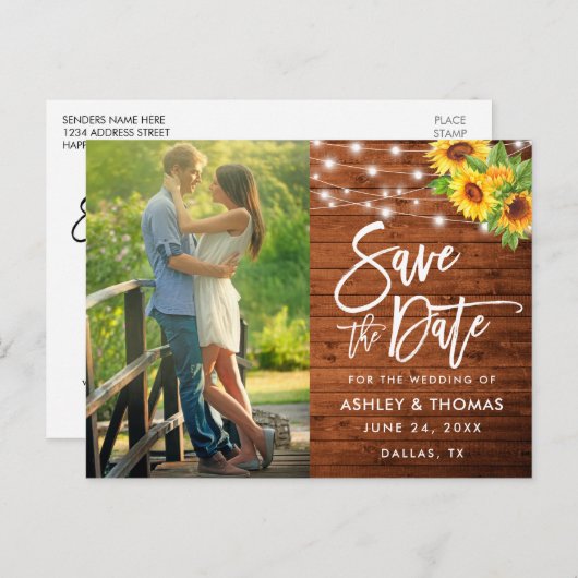 Rustic Wood Brush Script Sunflower Save the Date Briefkaart (Voorkant / Achterkant)