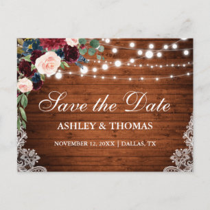Rustic Wood Burgundy Blue Floral Save the Date Aankondigingskaart