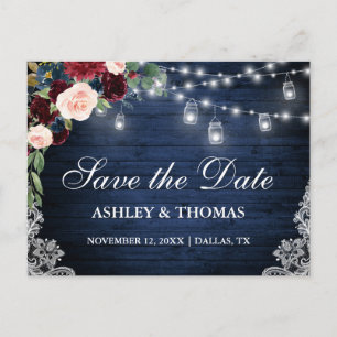 Rustic Wood Burgundy Blue Floral Save the Date Aankondigingskaart