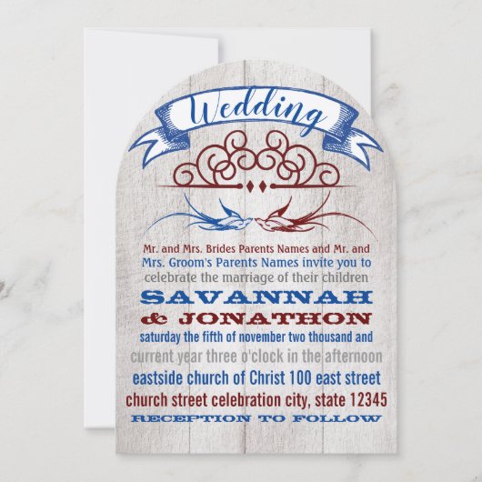 Rustic Wood Burgundy Blue Lovebird Wedding Kaart (Voorkant)