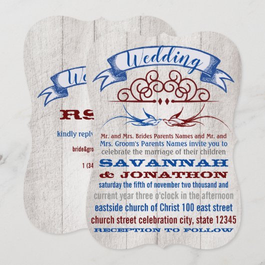 Rustic Wood Burgundy Blue  Lovebird Wedding Kaart (Voorkant / Achterkant)