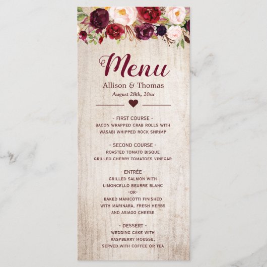 Rustic Wood Burgundy Blush Floral Wedding Menu (Voorkant)