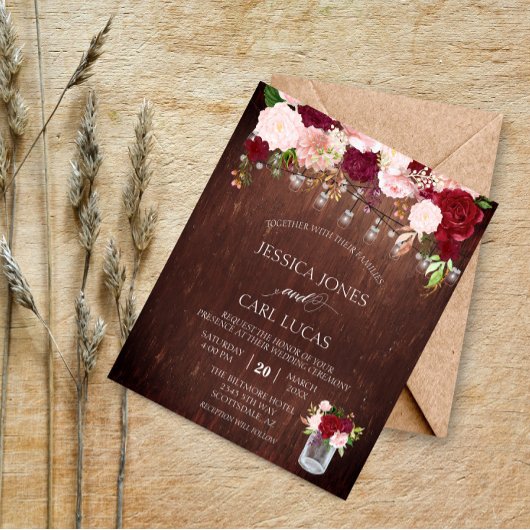 Rustic Wood Burgundy Blush Pink Rose Budget Jar Flyer