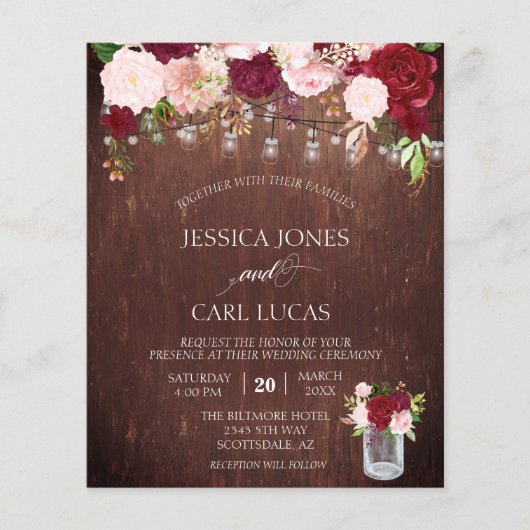 Rustic Wood Burgundy Blush Pink Rose Budget Jar Flyer (Voorkant)