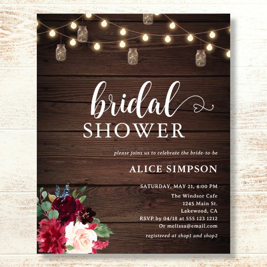 Rustic Wood Burgundy Blush Script Vrijgezellenfees Flyer
