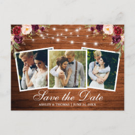 Rustic Wood Burgundy Floral 3 Foto slaat de datum  Uitnodiging Briefkaart