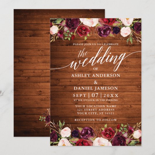 Rustic Wood Burgundy Floral Calligraphy Wedding Kaart (Voorkant / Achterkant)