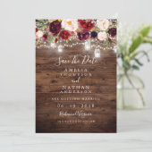 Rustic Wood Burgundy Floral heeft de datum opgesla Save The Date (Staand voorkant)