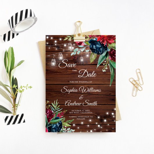Rustic Wood Burgundy Floral heeft de datum opgesla Save The Date