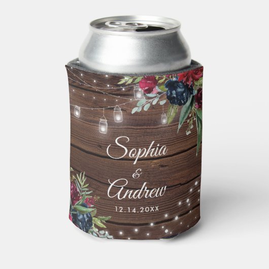 Rustic Wood Burgundy Floral Lights Wedding Blikjeskoeler (Blikje Achterkant)