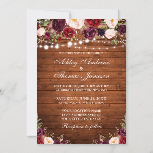 Rustic Wood Burgundy Floral Lights Wedding Kaart (Voorkant)