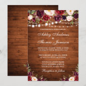 Rustic Wood Burgundy Floral Lights Wedding Kaart (Voorkant / Achterkant)