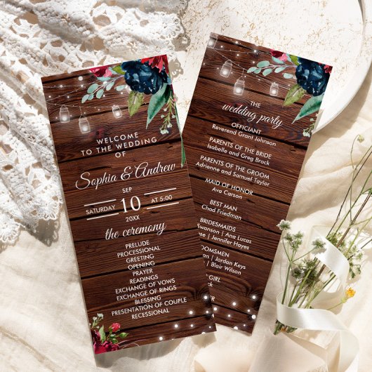 Rustic Wood Burgundy Floral Lights Wedding Programma
