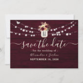 Rustic Wood Burgundy Floral Lights Wedding Save The Date (Voorkant)