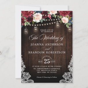 Rustic Wood Burgundy Floral Mason Jar Wedding Kaart