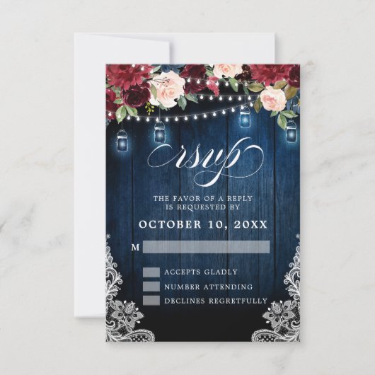Rustic Wood Burgundy Floral Mason Jar Wedding RSVP Kaartje (Voorkant)