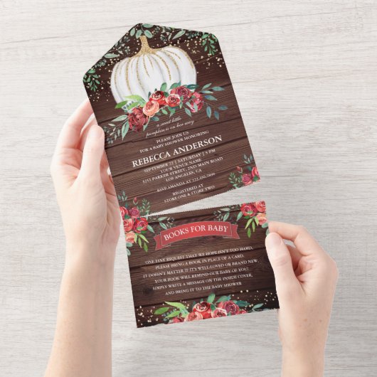 Rustic Wood Burgundy Floral Pumpkin Baby shower All In One Uitnodiging (Afscheurbaar)