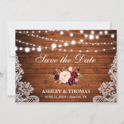 Rustic Wood Burgundy Floral Save the Date (Voorkant)