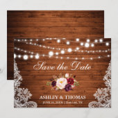 Rustic Wood Burgundy Floral Save the Date (Voorkant / Achterkant)