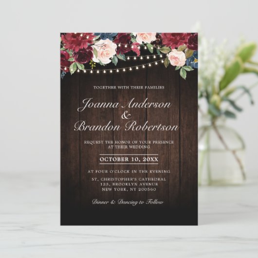 Rustic Wood Burgundy Floral String-lampjes Kaart (Staand voorkant)