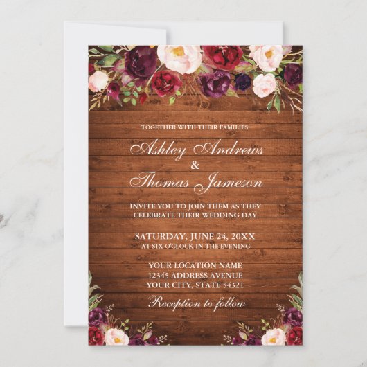Rustic Wood Burgundy Floral Wedding Kaart (Voorkant)