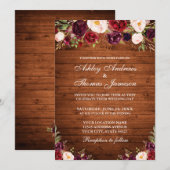 Rustic Wood Burgundy Floral Wedding Kaart (Voorkant / Achterkant)