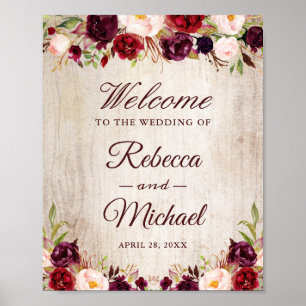 Rustic Wood Burgundy Floral Wedding Welkom Poster