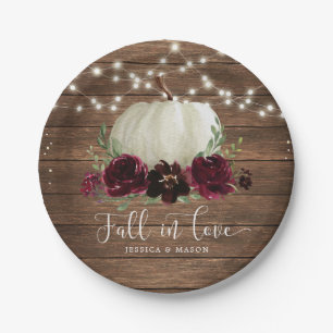 Rustic Wood Burgundy Flowers Pumpkin Borden Papieren Bordje