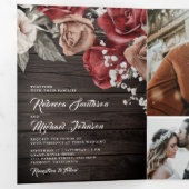 Rustic Wood Burgundy Red Roses Foto bruiloft Drieluik Uitnodiging (Binnenzijde eerst)